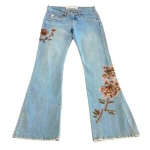 70s Y2K Z. Cavaricci BEADED Jeans Sz 7 Blue Floral Flare Boho Hippie Glam Gypsy